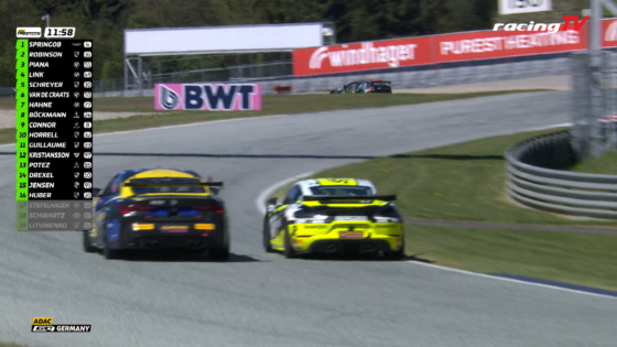 Two race cars on a curving track with a bright yellow car leading a blue car; left-side onscreen leaderboard shows positions 1–16; RacingTV logo top right; ADAC GTC Germany badge bottom left.