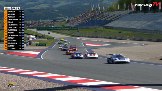Race cars cornering on a track with a left ghost leaderboard and grandstands, racingTV logo in top-right, ADAC GT Masters badge bottom-left