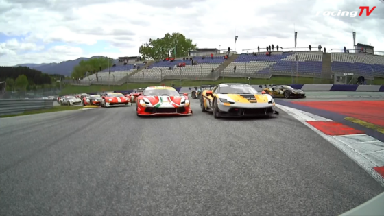 Race cars on a circuit with empty grandstands and a racingTV logo in the top-right corner.