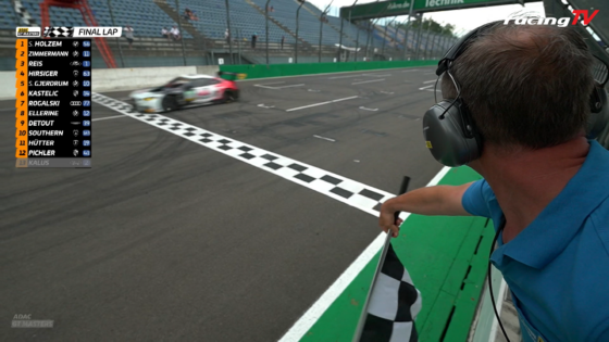 Race official in a blue shirt with a headset watches the finish line as a race car speeds by and a 'Final Lap' scoreboard is shown on the left side.