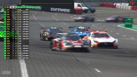 Race cars in a tight group on a track with a left-side green leaderboard showing positions and time gaps.