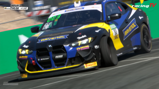 Ravenol-sponsored race car (No. 51) in blue, yellow, and black livery speeding through a turn on a race track, blurred background and racingTV logo visible.