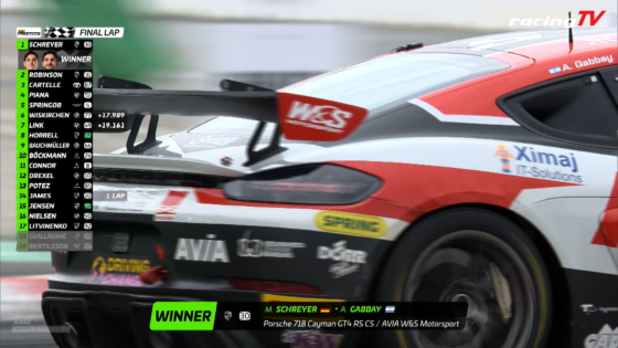 Race car on track with on-screen winner banner and leaderboard; winners M. Schreyer and A. Gabbay in a Porsche 718 Cayman GT4 RS CS.