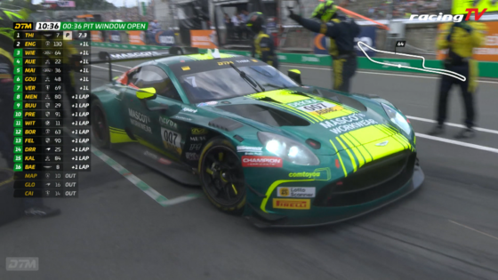 Race car 007 in bright teal and lime drives past pit wall while a live leaderboard on the left shows lap times and positions during a pit stop.